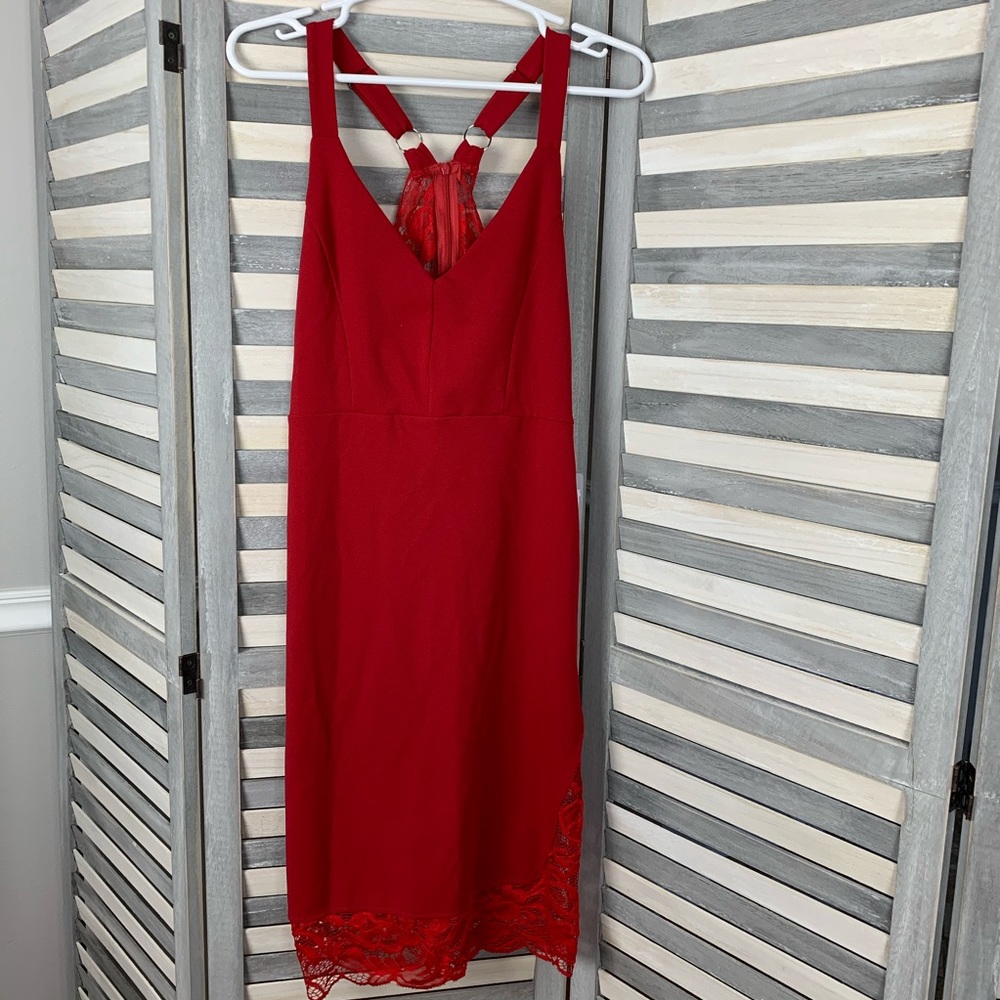 Velvet Torch V Neckline Red Slip Dress with Lace